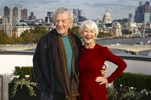 Actors Sir Ian McKellen, left, and Dame Helen Mirren pose for photographers upon at the photo call for the film The Good Liar at a central London hotel, Wednesday, Oct. 30, 2019. (Photo by Joel C Ryan/Invision/AP)