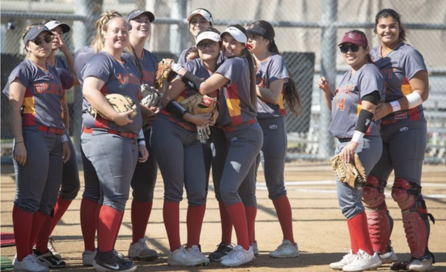 COD Softball celebrates after their victory against San Diego City on Jan. 31.