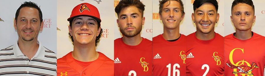 (From left to right) Mens basketball coach Trent Skinner, baseball player Harrison Nation and from the soccer team Lucas Rosales, Vincenzo Costaglolia, Jose Reyes and Alejandro Pimentel. 