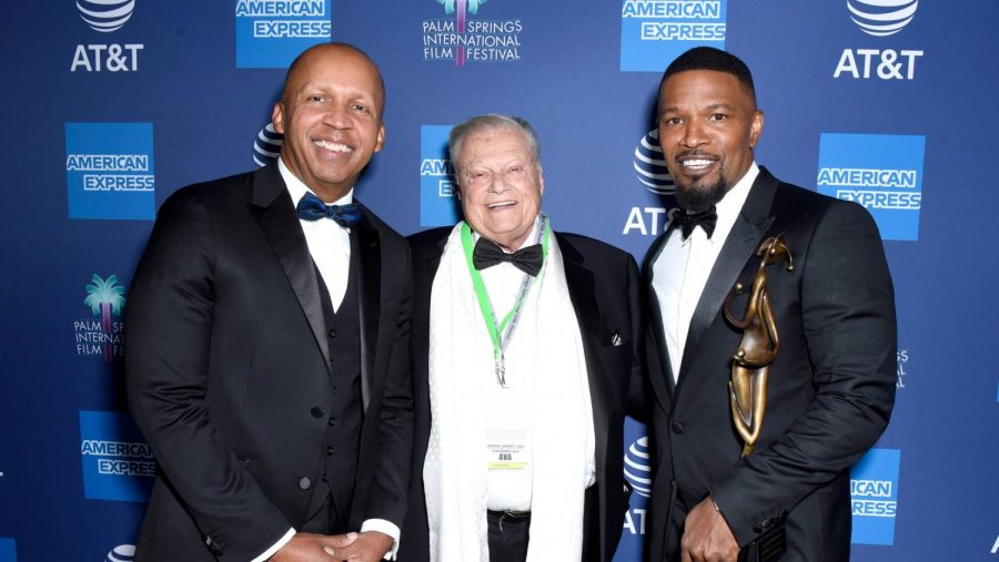 Photo courtesy of Irving Cansino. Bryan Stevenson, Harold Matzner and Jamie Foxx captured in a group photo during the 31st annual Palm Springs International Film Festival Awards Gala at the Palm Springs Convention Center on Jan. 2, 2020. 
