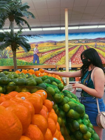 Photo Courtesy of The Chaparral/Marcela Carrillo. America Carlos reaching for oranges while grocery shopping at Cardenas. 