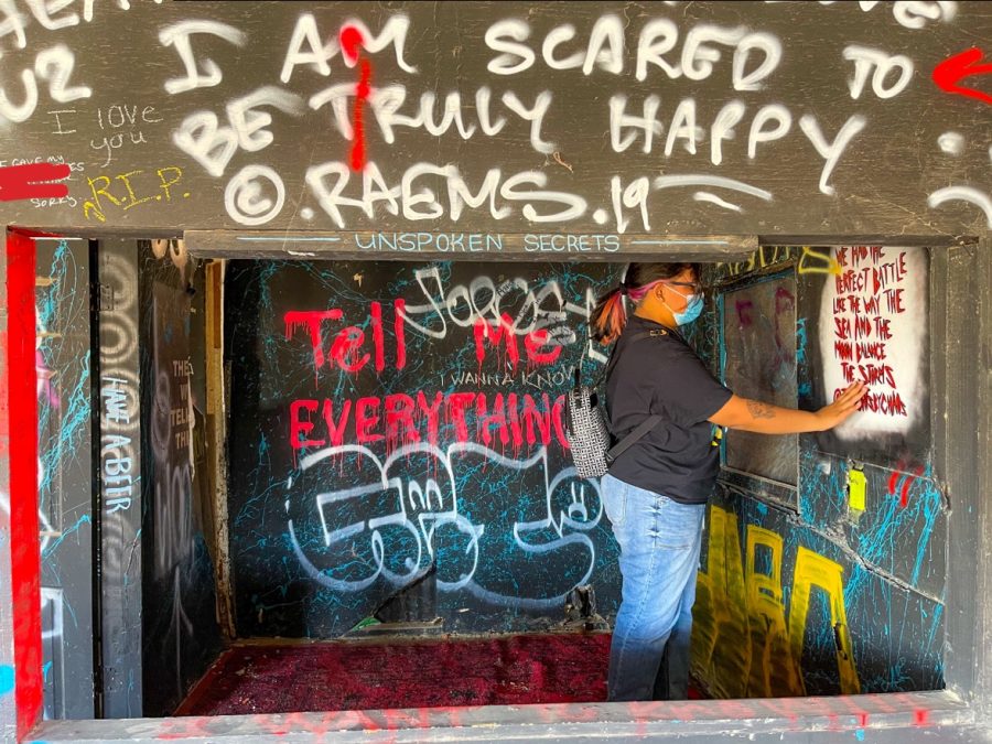 Photo courtesy of The Chaparral/Marcela Carrillo. Natalie Houston experiencing a graffiti piece in Bombay Beach