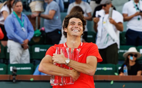 INDIAN WELLS, CALIFORNIA - MARCH 20: Taylor Fritz Of the United States celebrates winning the mens final of the BNP Paribas Open after beating Rafael Nadal on March 20, 2022 in Indian Wells, California. (Photo by TPN/Getty Images)