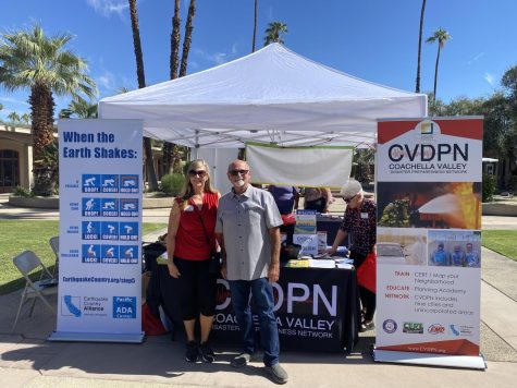 Photo courtesy of The Chaparral. CVDPN President Carla Sullivan-Dilley and Alan Hurt, COD geology professor at the Great ShakeOut booth at CODs Palm Desert campus.