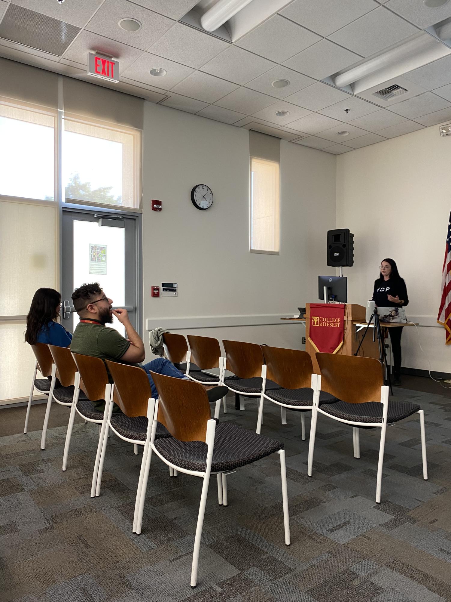 Photo courtesy of The Chaparral. Danny Torres and Myalina Benavidas listen to Carmen Diaz introduce the American Foundation for Suicide Prevention.