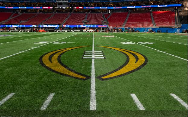 ATLANTA, GA - DECEMBER 31: The college football playoff logo prior to the Chick-fil-A Peach Bowl College Football Playoff Semifinal game between the Ohio State Buckeyes and the Georgia Bulldogs on December 31, 2022, at Mercedes-Benz Stadium in Atlanta, Georgia. (Photo by John Adams/Icon Sportswire via Getty Images)