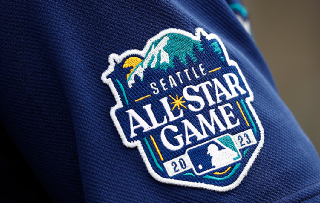 Photo courtesy of Getty Images/Ronald Martinez. A detail of the All-Star Game 2023 logo patch at Angel Stadium of Anaheim on June 11, 2023 in Anaheim, California. 