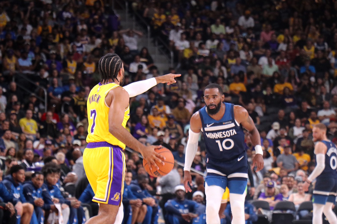 Gabe Vincent calls the play to his teammates, while Mike Conley from the Minnesota Timberwolves waits.
Photo courtesy of The Chaparral.