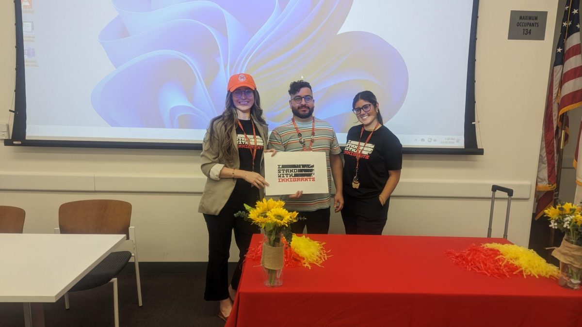 Photo courtesy of The Chaparral/Jose Ortiz Patraca. Presenters, on the right Victoria Bautista, in the middle Danny Torres and to the left is Elizabeth Tamayo of CODtalk event on Wednesday of Undocumented Student Action Week.