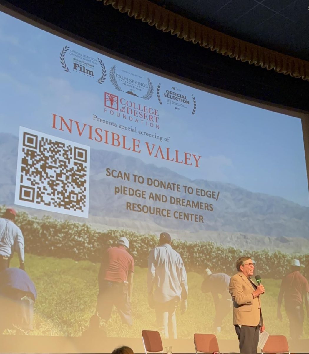 Photo courtesy of The Chaparral/Layla Freiberg. Former Palm Springs Mayor, Robert Moon, speaking to the audience at the screening of "Invisible Valley."