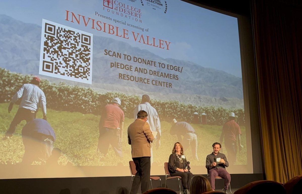 Photo courtesy of The Chaparral/Layla Freiberg. Former Palm Springs Mayor Robert Moon interviewing Director Aaron Maurer and Executive Producer Mary Ingebrand-Pohlad. 