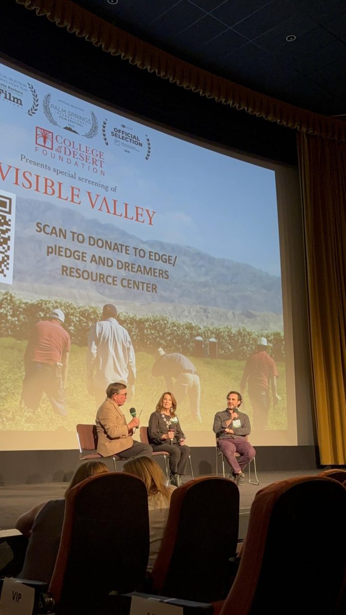 Photo courtesy of The Chaparral/Layla Freiberg. Former Palm Springs Mayor Robert Moon interviewing Director Aaron Maurer and Mary Ingebrand-Pohlad. 