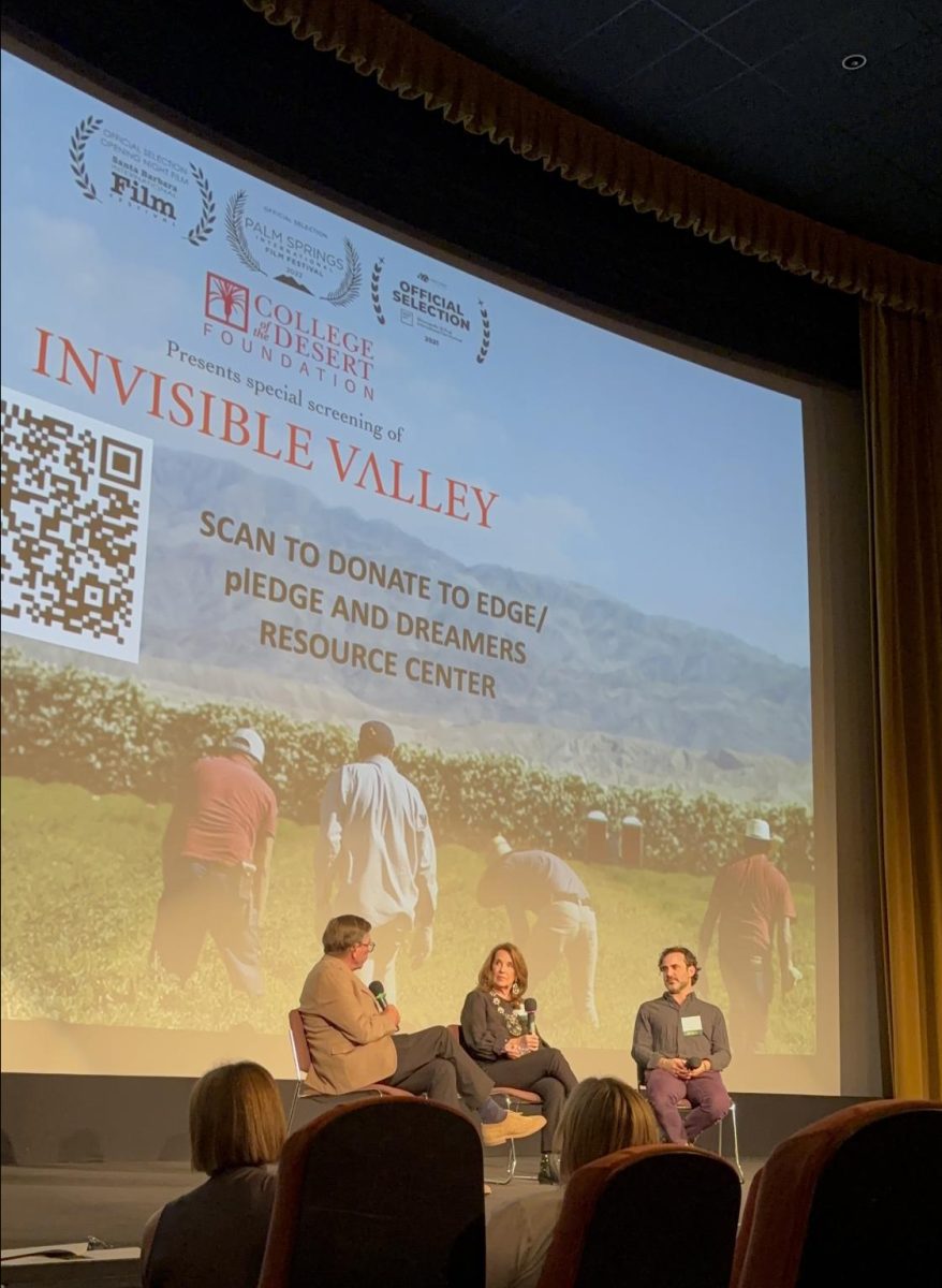 Photo courtesy of The Chaparral/Layla Freiberg. Former Palm Springs Mayor Robert Moon interviewing Director Aaron Maurer and Mary Ingebrand-Pohlad. 