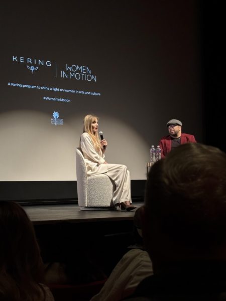 Photo courtesy of The Chaparral/ Aramis Rivera. Angelina Jolie speaking to the audience about her intense training for the 'Maria' film.