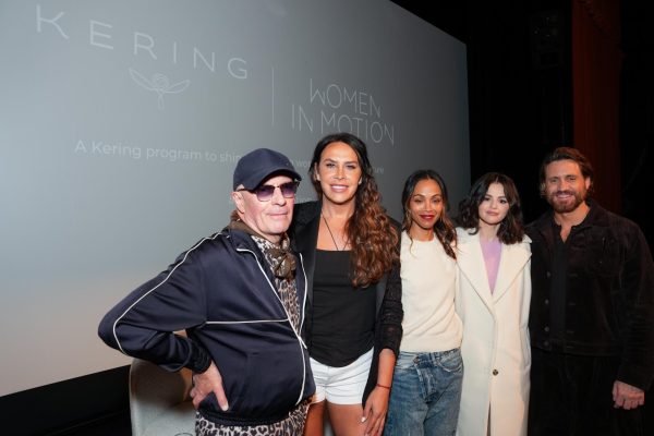 Photo courtesy of Presley Ann/ Getty Images for the Palm Springs International Film Society. Left to right is Director Jacques Audiard, and actors Karla Sofía Gascón, Zoe Saldaña, Selena Gomez, and Edgar Ramirez.