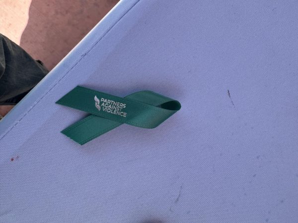 Photo courtesy of The Chaparral/Brenda Vargas. Teal Ribbon with Partners Against Violence logo