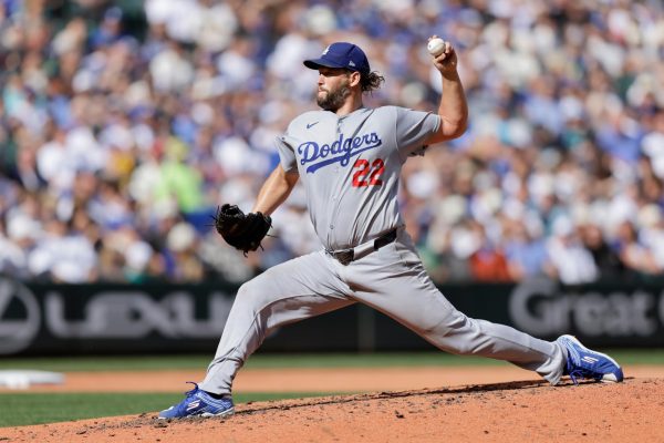 Photo courtesy of AP/John Froschauer. Los Angeles Dodgers pitcher Clayton Kershaw makes his final pitch before exiting the game during the sixth inning of a baseball game against the Seattle Mariners, Sept. 28, 2025, in Seattle.