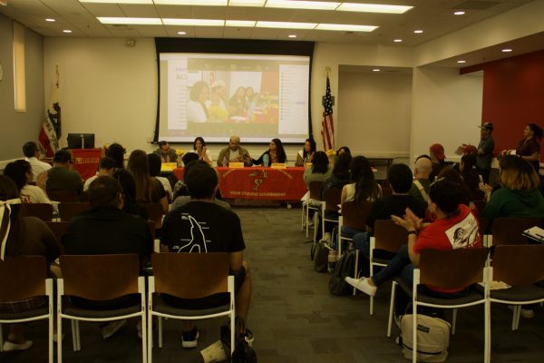 Photo courtesy of Jeremiah Garcia. Latinx Faculty Panel in the Cravens Multi Purpose Room. 