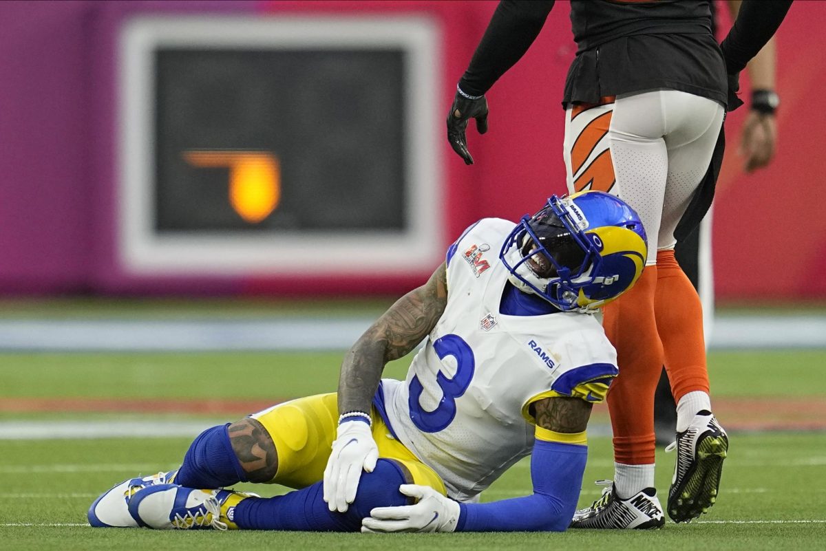 Photo courtesy of AP Images/Marcio Jose Sanchez. Los Angeles Rams wide receiver Odell Beckham Jr. (3) reacts after a play against the Cincinnati Bengals during the first half of the NFL Super Bowl 56 football game Sunday, Feb. 13, 2022, in Inglewood, Calif. 