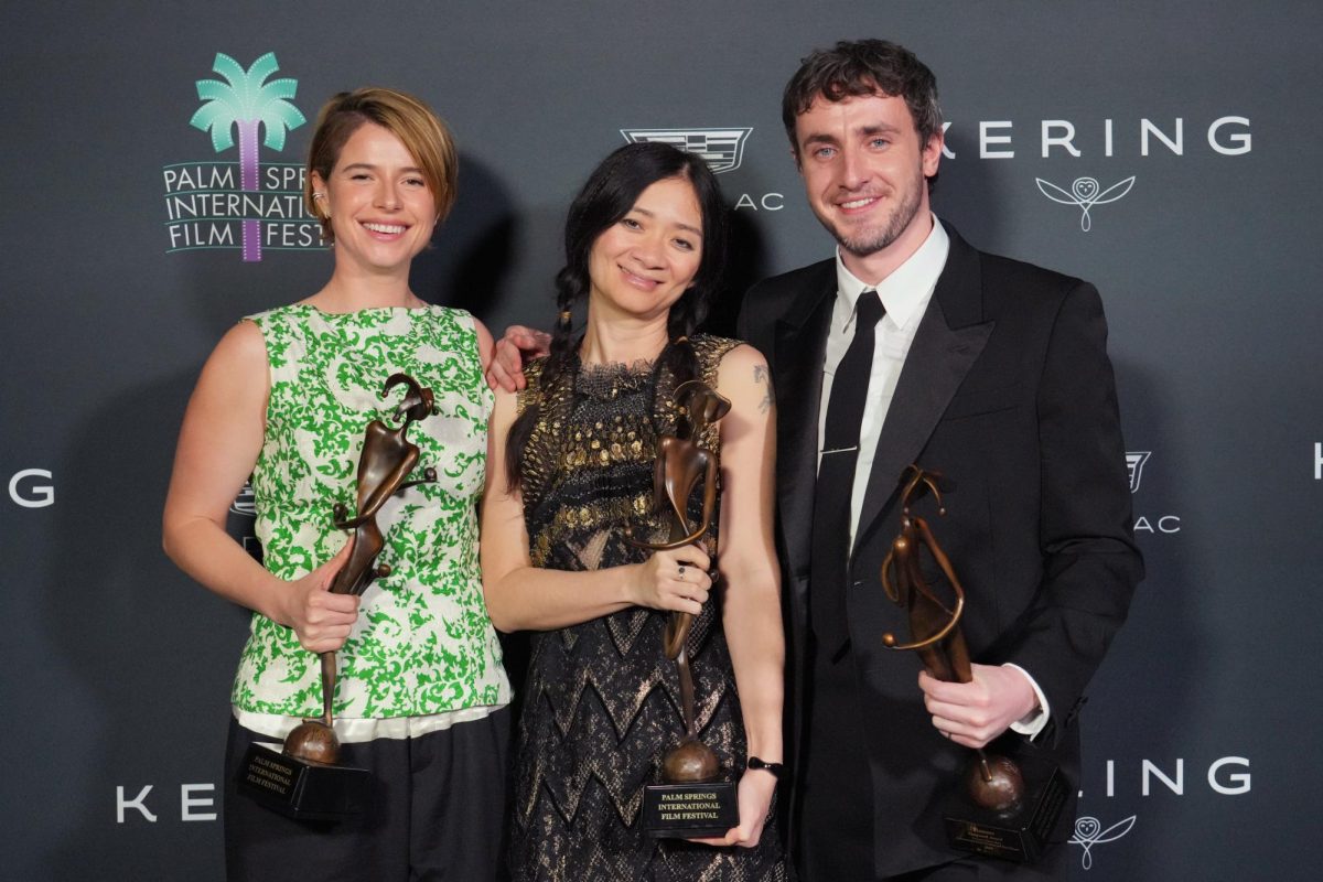 Photo courtesy of AP/Jordan Strauss. Jessie Buckley, from the left, Chloe Zhao, and Paul Mescal pose with the vanguard award for "Hamnet" in the press room during the 37th Palm Springs International Film Festival Film Awards on Saturday, Jan. 3, 2026 at Palm Springs Convention Center in Palm Springs, Calif.
