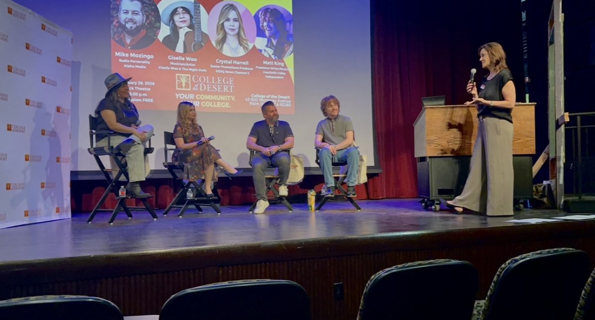 Photo courtesy of The Chaparral/Tyler Stephens. COD alumni Giselle Woo (left), Crystal Harrell, Mike Mozingo, and Matt King answering questions from moderator  Associate Professor of Media Production Laurilie Jackson (right). 