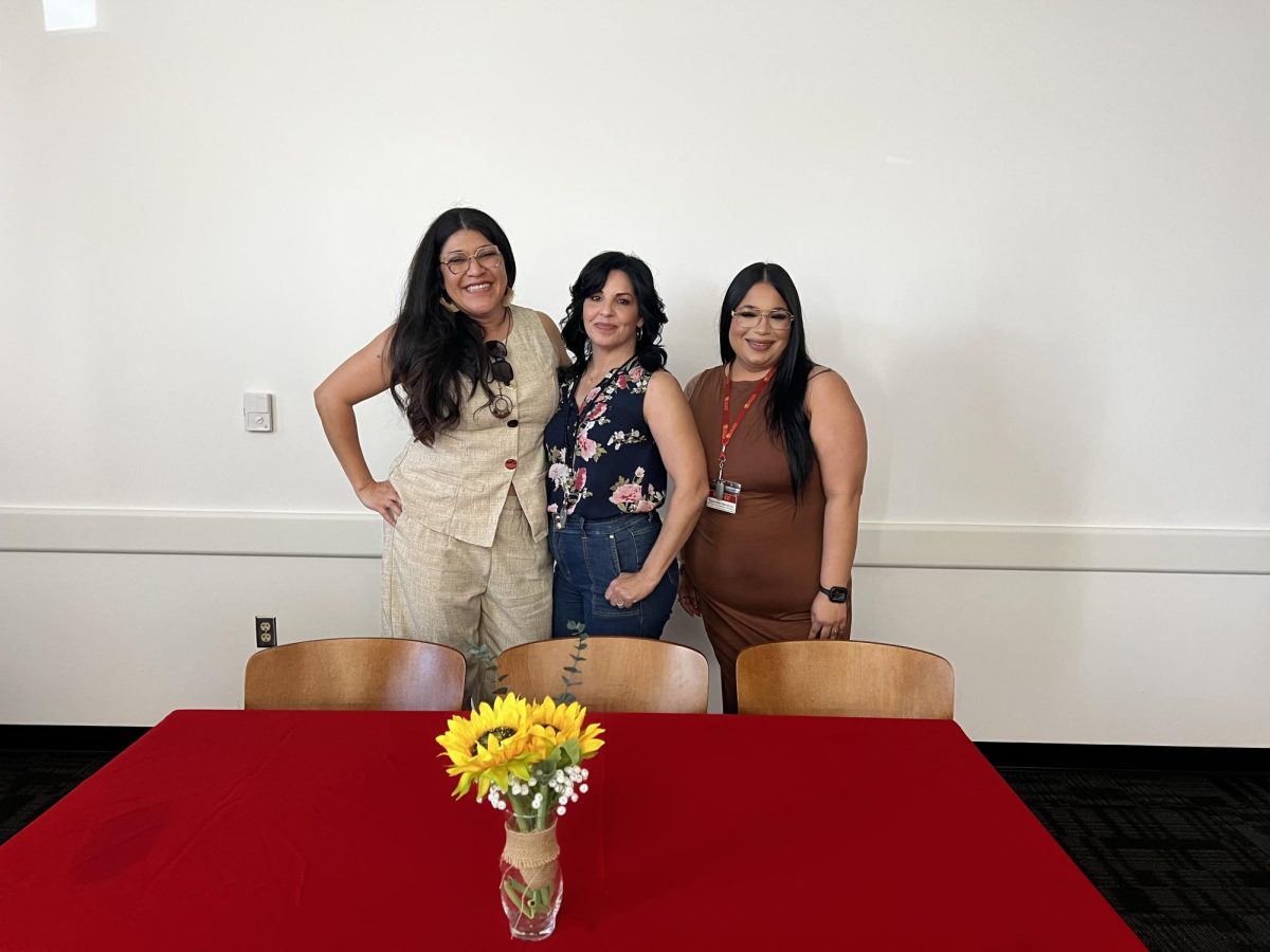 Photo courtesy of The Chaparral/Sarah Ghazawi. Associate Professor of Sociology Veronica Dautz, Tina Gonzalez, administrative assistant for social sciences and arts and Nashelle Mendoza, job developer and placement coordinator, speak at a Women’s History Month panel at College of the Desert.