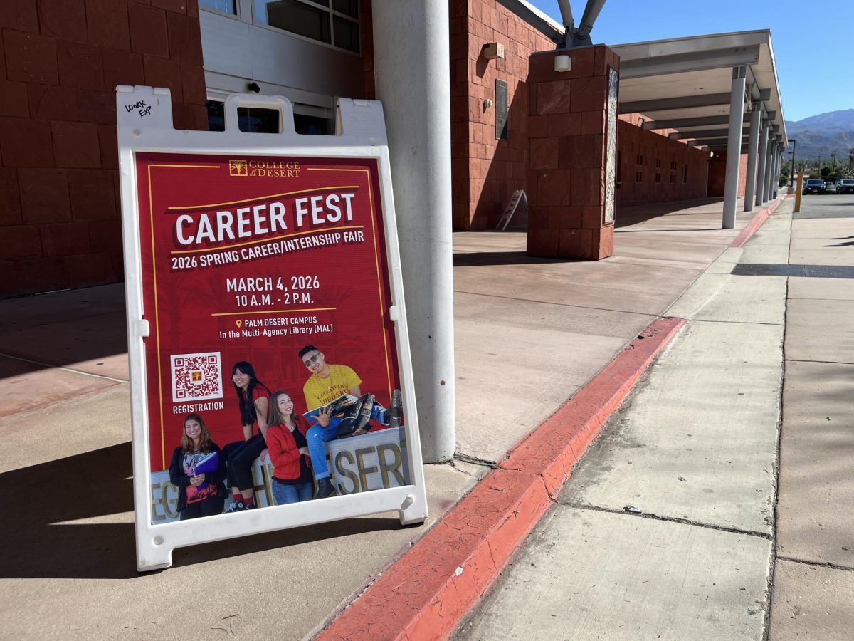 A sign shows in front of the Multi-Agency Library reads "CAREER FEST 2026 SPRING CAREER/INTERNSHIP FAIR MARCH 5, 2026 10 A.M. – 2 P.M." There is a QR code to scan and a stock photo of college students on the sign.