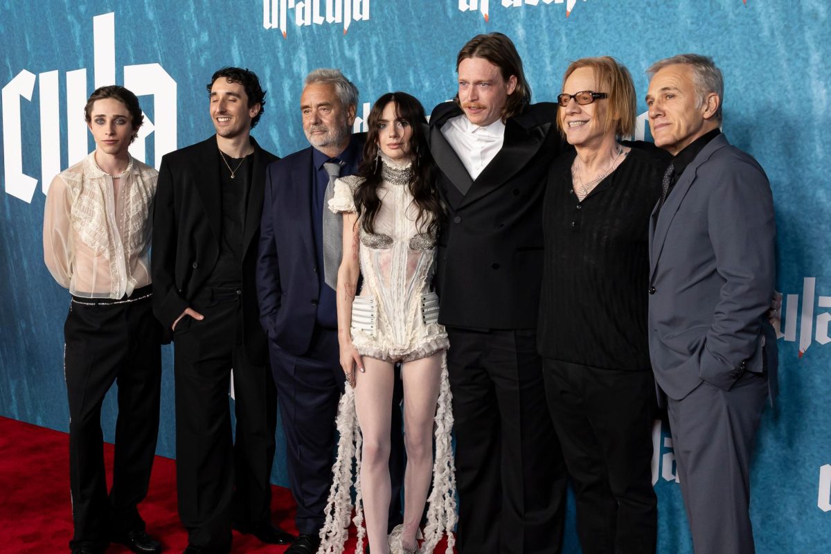 Raphael Luce, Ewens Abid, Luc Besson, Zoë Bleu, Caleb Landry Jones, Danny Elfman and Christoph Waltz attend the arrivals of the Los Angeles Premiere of "DRACULA" at the TCL Chinese Theatre in Hollywood, CA on February 3, 2026. (Photo by Corine Solberg/Sipa USA)(Sipa via AP Images)
