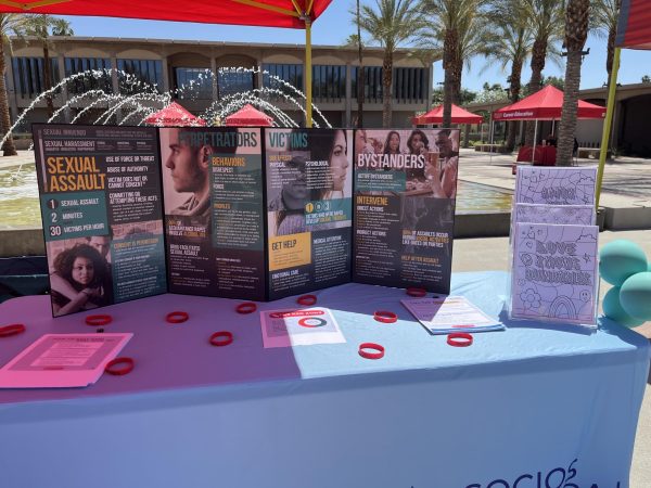 A four panel poster board gives information on sexual violence and consent. The first panel has the heading "Sexual Assault," the second, "Perpetrators," the third, "Victims," and the fourth, "Bystanders." Also on the table are coloring pages with the words "Love Knows Boundaries" and red silicon wristbands.
